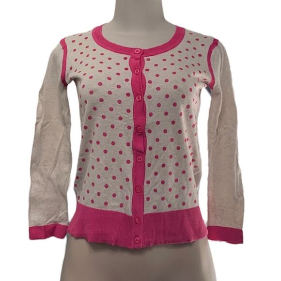 Elle Cream and Pink Polka Dot Button Down Long Sleeve Cardigan Sweater XS - Picture 1 of 6